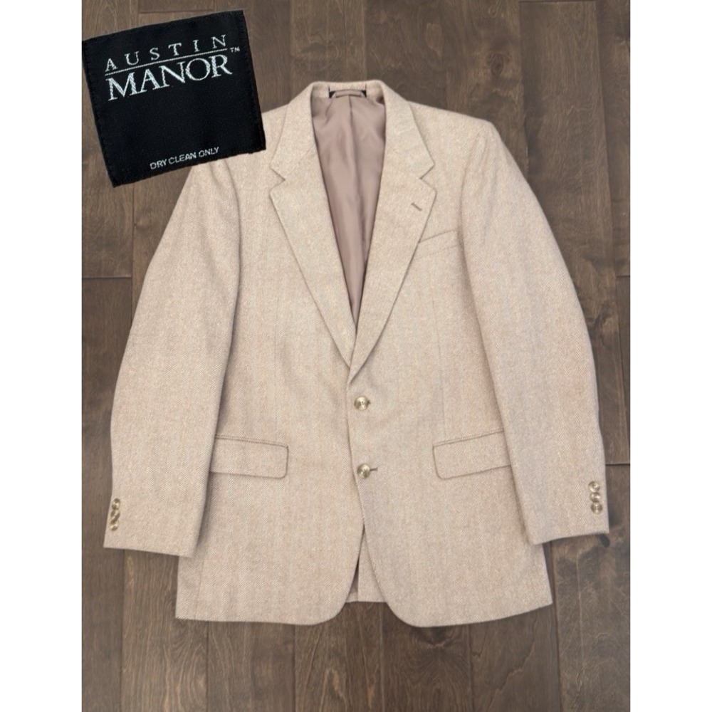 Austin Manor‎ Blazer Mens Size 40L Beige Tan Herringbone Wool Tweed Sports Coat